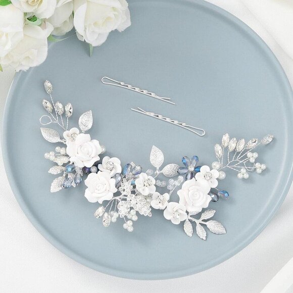 Wedding Hair Vine Blue Rhinestone Bridal Headpiece Crystal Leaf Flower Jewelry - Picture 2 of 7